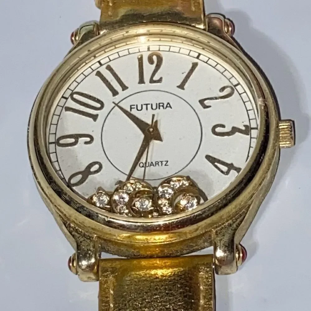 Futura Women's‎ Gold Tone Floating Rhinestone Leather Band Quartz Watch OS